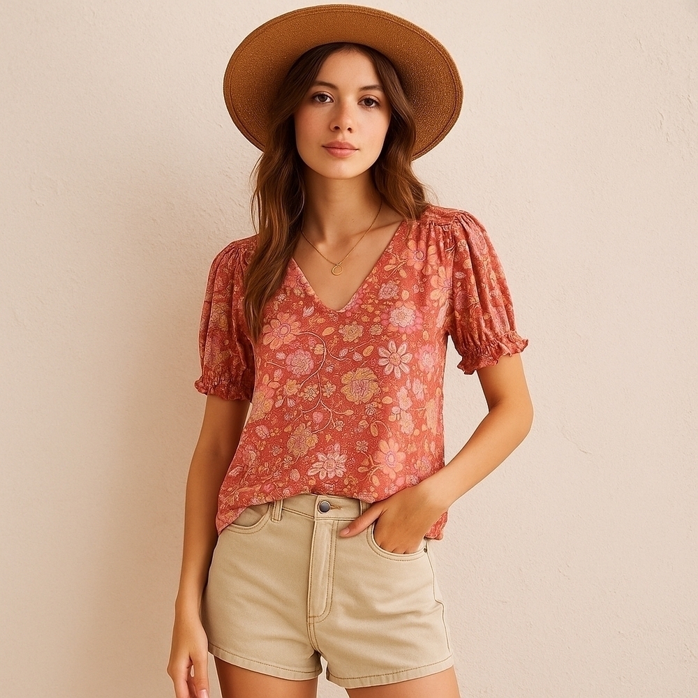Rachel Zoe Floral Print Puff Sleeve Smocked Shoulder V-Neck Top - Medium - EUC